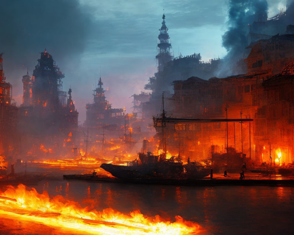 Dystopian city scene at twilight: fire-lit water, smoky skies, industrial buildings,