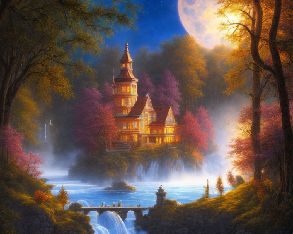 Victorian House by Waterfall in Autumn Moonlight