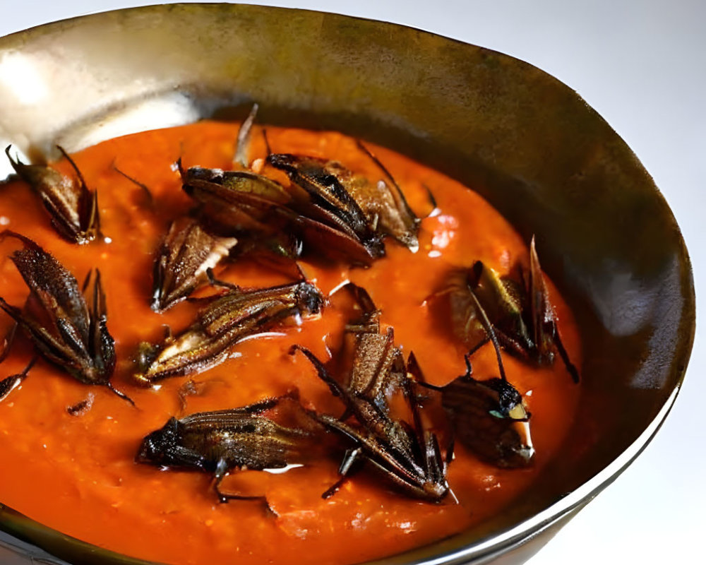 Vibrant red soup with whole okra floating on surface