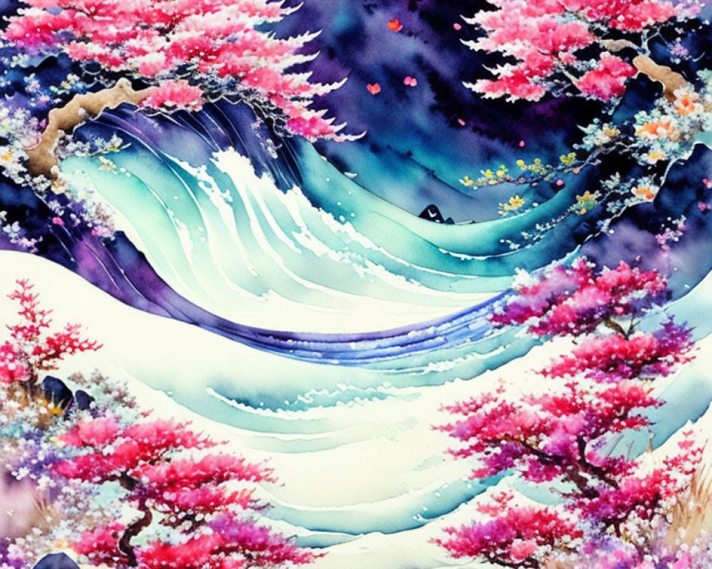 Colorful watercolor painting of wave and cherry blossoms under starry night sky