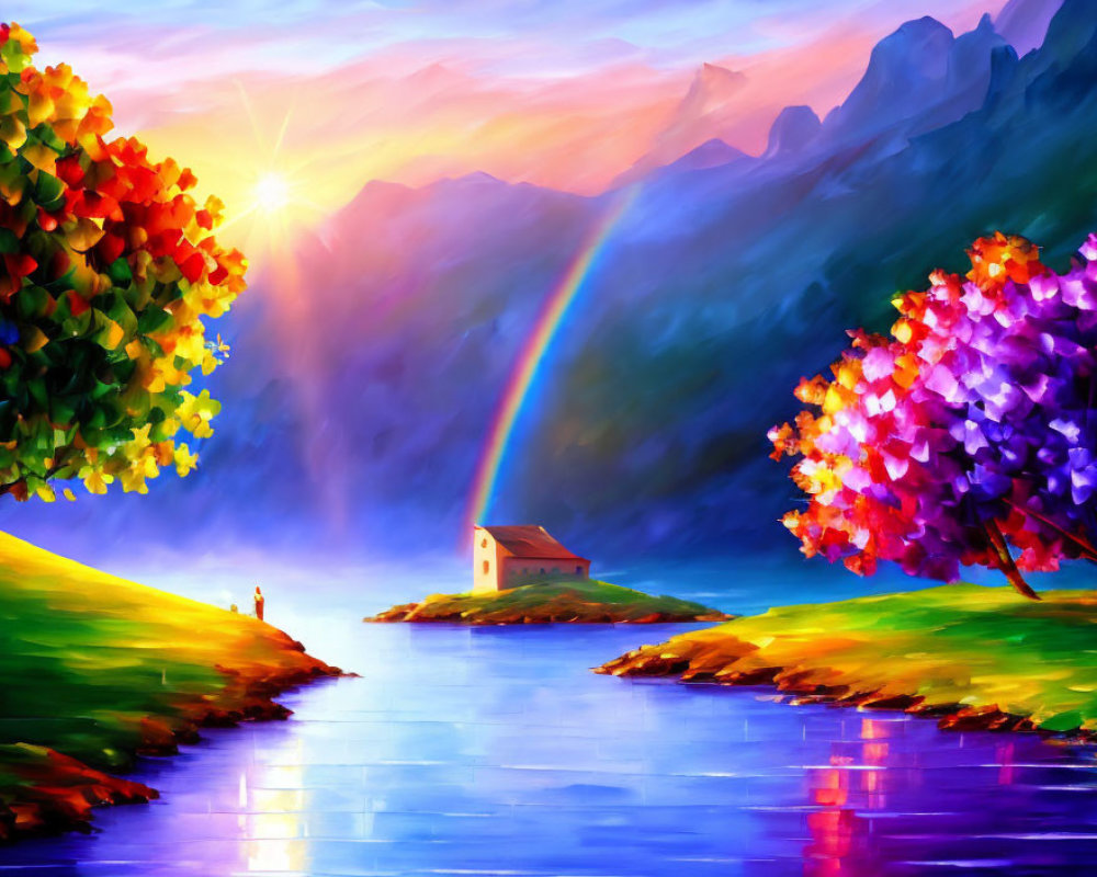 Colorful landscape with rainbow, lake, house, trees, and mountains at sunset