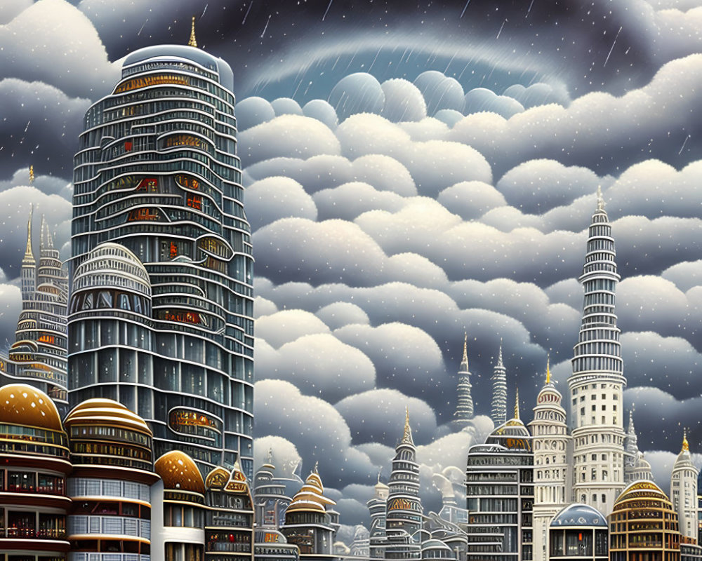 Diverse futuristic cityscape under stormy sky