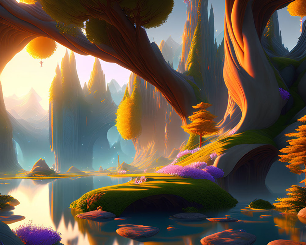 Enchanting forest scene with twisted trees, glowing plants, tranquil river, and floating rocks