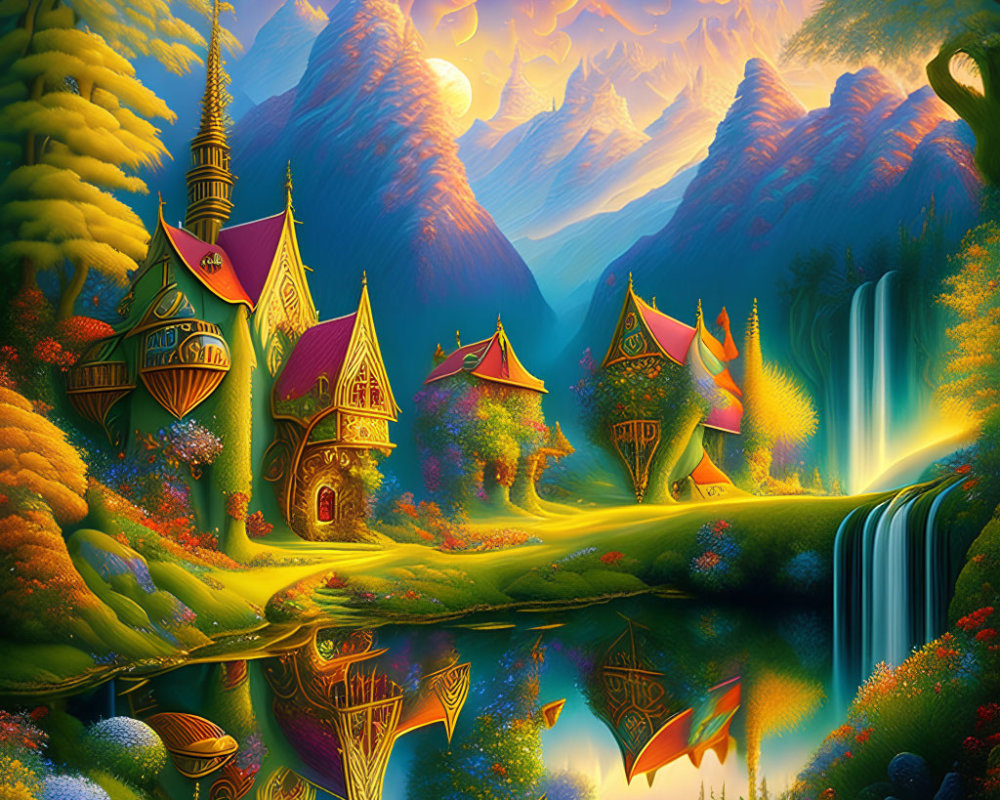 Colorful Fantasy Landscape with Whimsical Houses, Waterfalls, and Glowing Sky