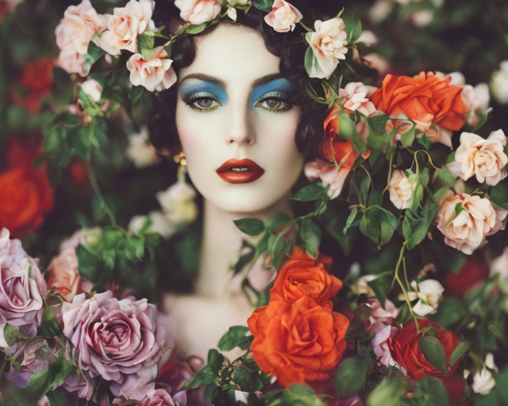 Woman with dramatic eye makeup and red lipstick among pink and orange roses.