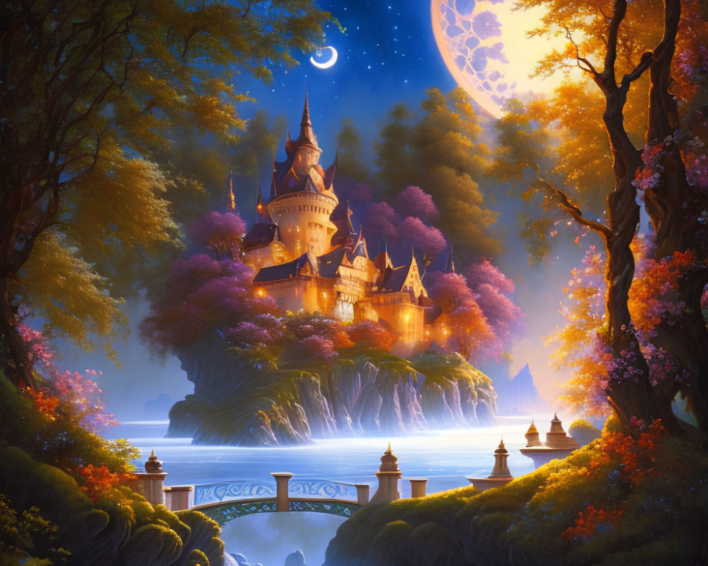 Fairytale castle at night with crescent moon, luminous forest, and waterfalls