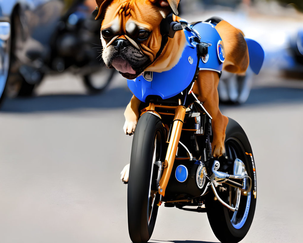 Bulldog in goggles on mini motorcycle with blurred bikers on street