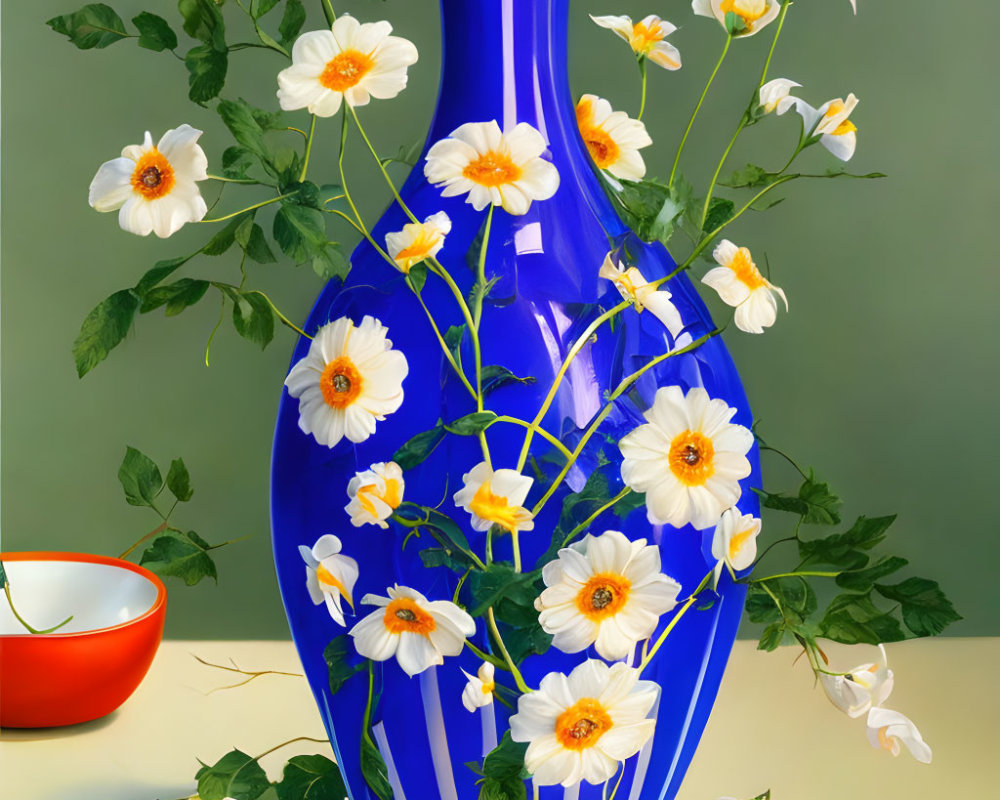 Colorful still life with blue vase, white and yellow flowers, red bowl, and green trim on