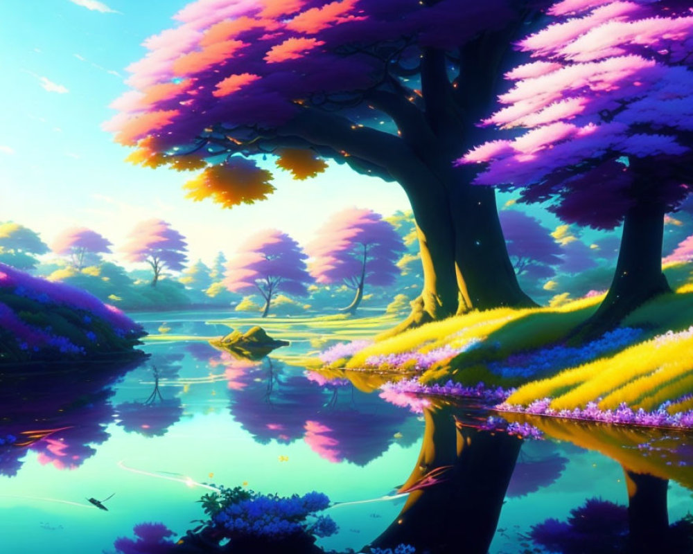 Colorful landscape with purple-pink trees and tranquil lake surrounded by lush flora