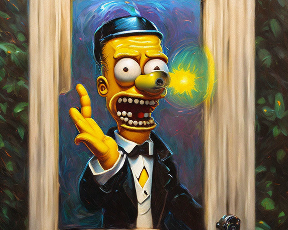 Surprised animated character in tuxedo holding glowing orb in impressionist painting