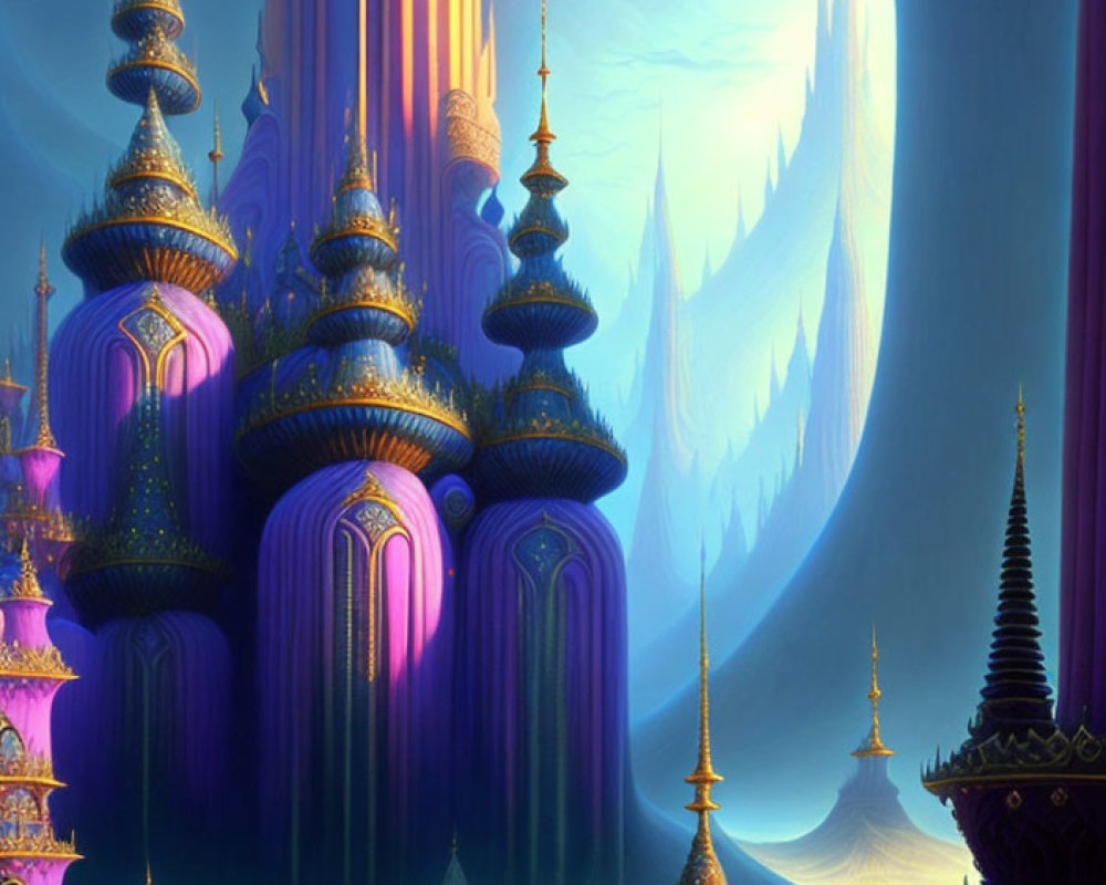 Majestic purple and gold spires in ethereal landscape