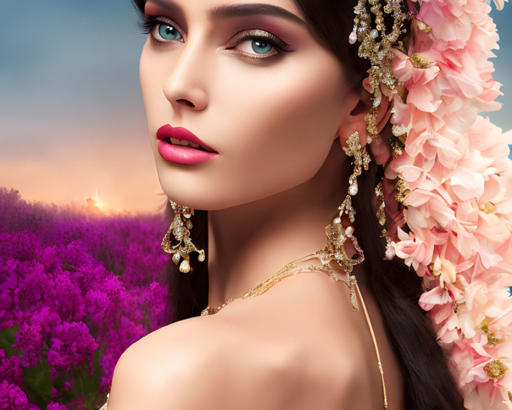 Portrait of Woman with Dark Hair and Blue Eyes in Pink Floral and Golden Jewelry on Purple Floral Background