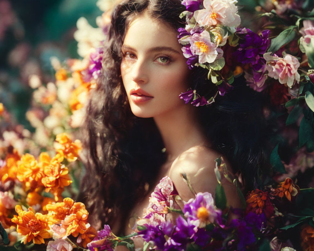 Woman with Curly Dark Hair and Flowers Surrounded by Colorful Blossoms