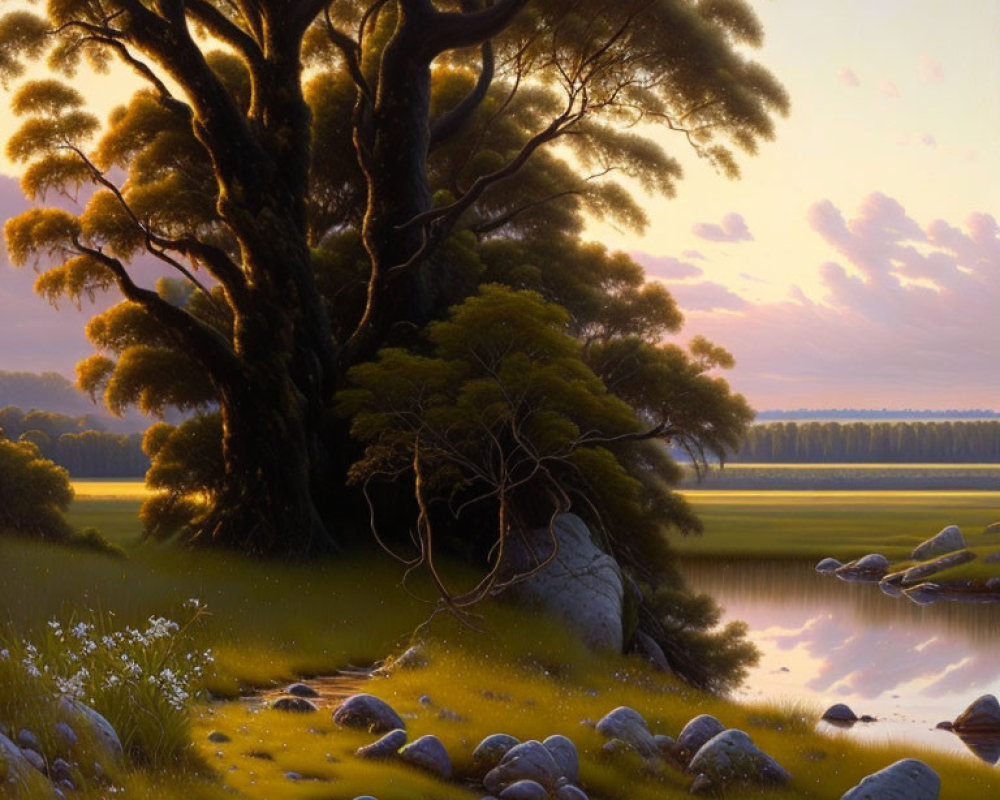 Tranquil sunset landscape with majestic tree, meadow, rocks, river, and warm light