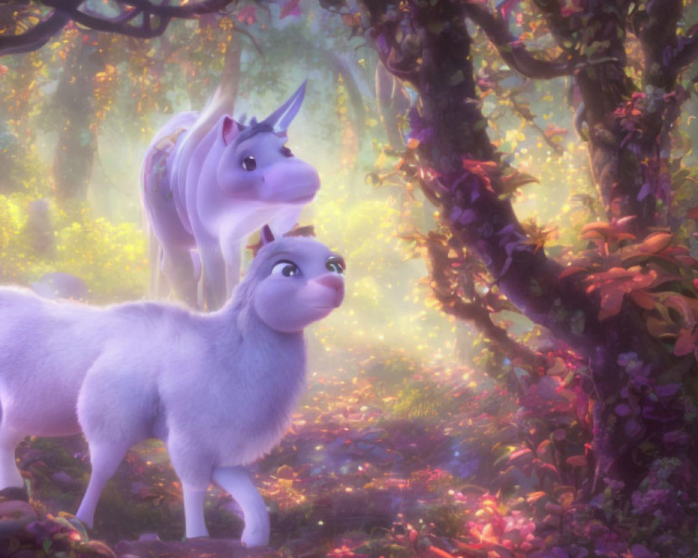 Whimsical unicorns in magical forest with vibrant flowers