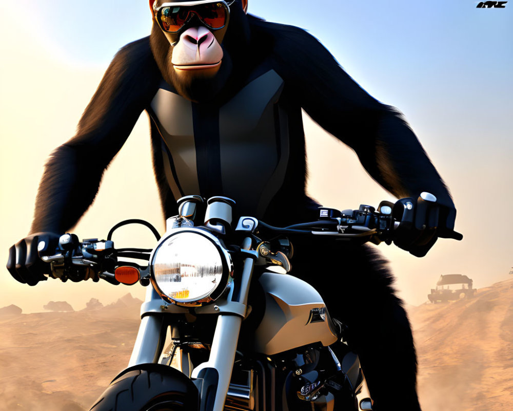 Chimpanzee with Sunglasses Riding Motorcycle in Desert