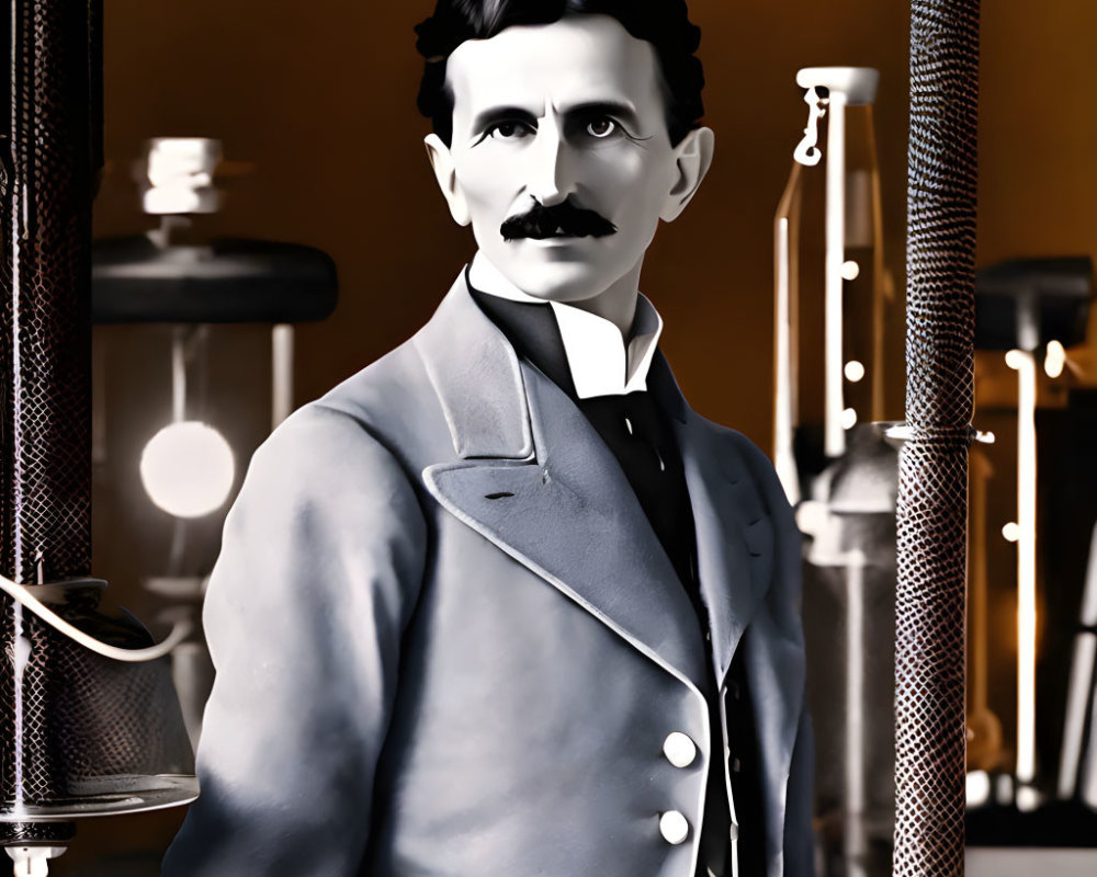 Vintage illustration of inventor with mustache in period suit by electrical experiment equipment