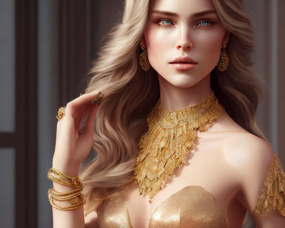 Woman with Golden Hair and Blue Eyes in Gold Jewelry and Off-Shoulder Dress