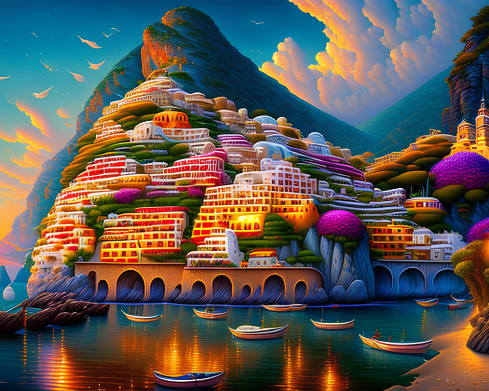 Colorful Coastal Village: Terraced Buildings, Mountains, Sunset Glow