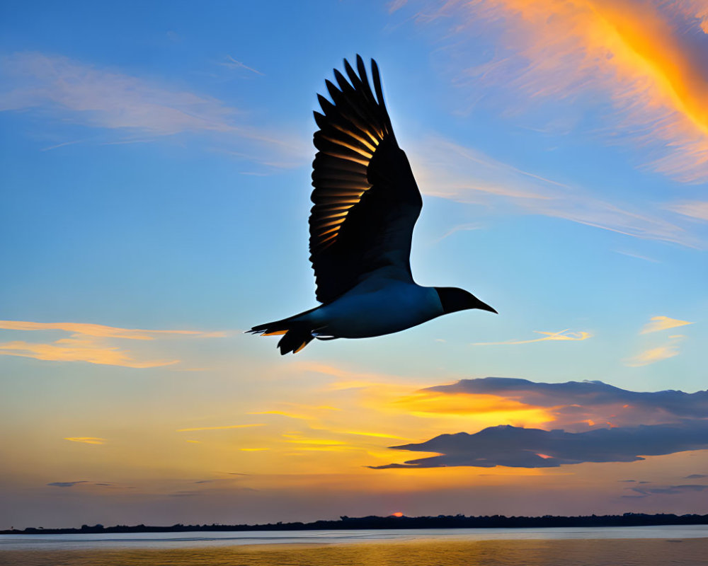 Bird Silhouetted Against Vibrant Sunset Sky and Orange Clouds