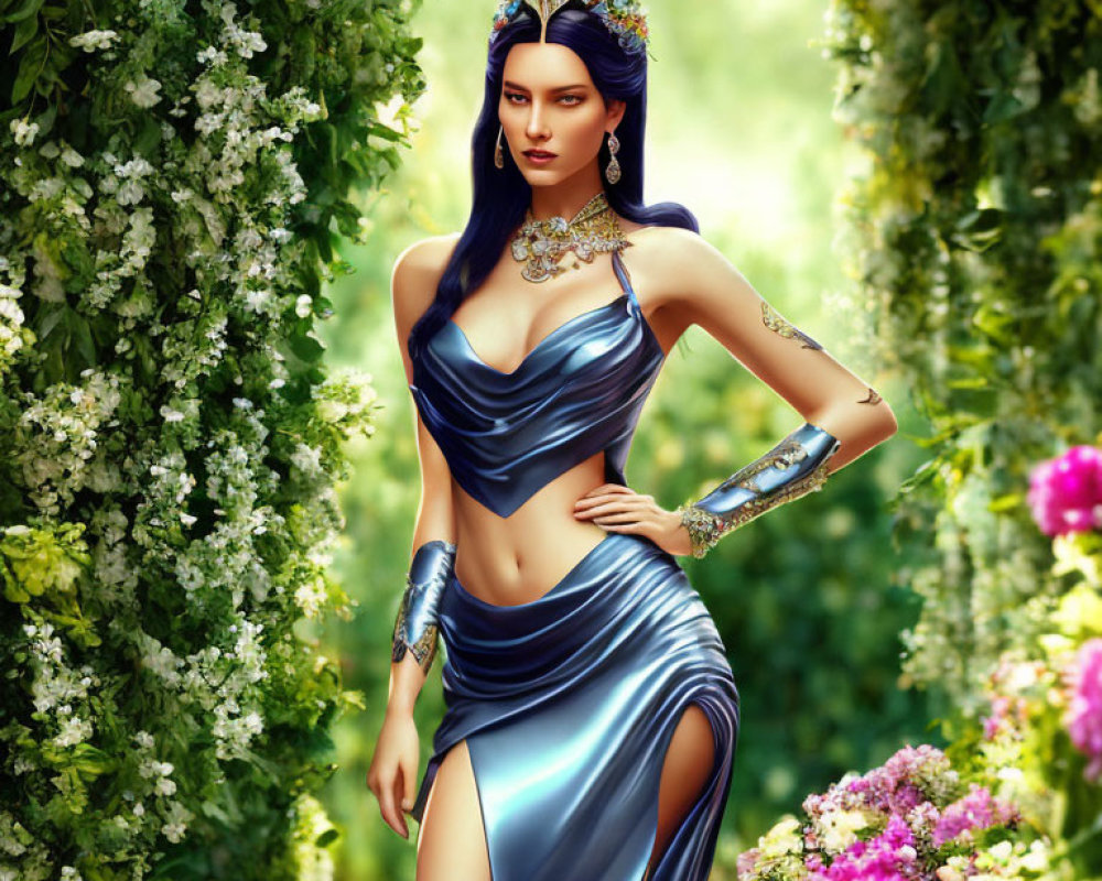 Fantastical digital artwork of a woman in metallic blue outfit in lush garden