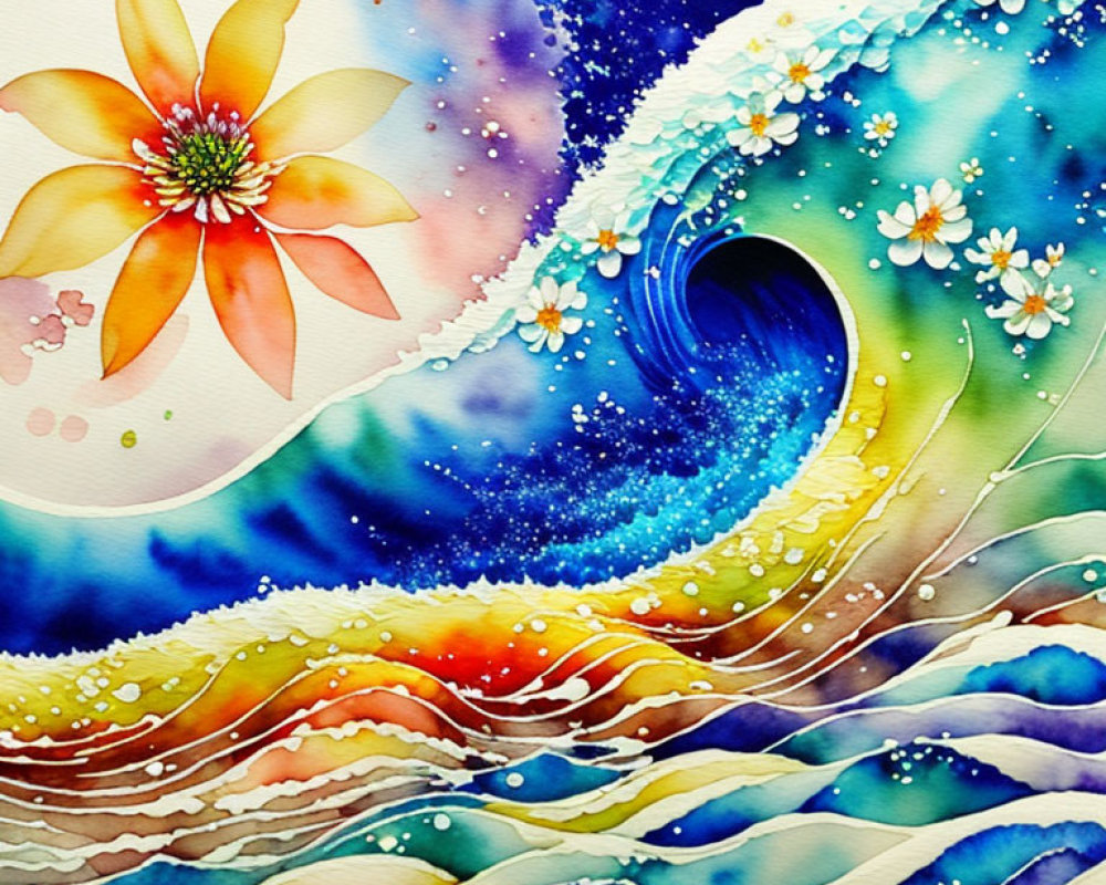 Colorful Watercolor Painting: Stylized Wave with Floral Motif