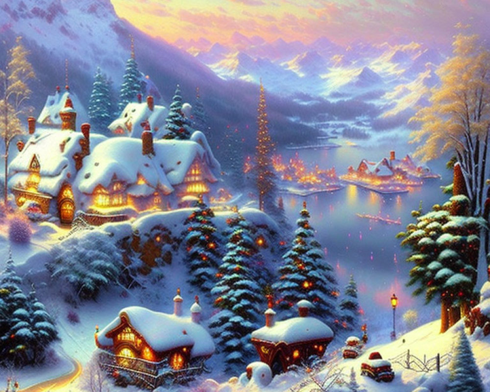 Winter village scene with frozen lake, illuminated houses, pine trees, and mountains at twilight