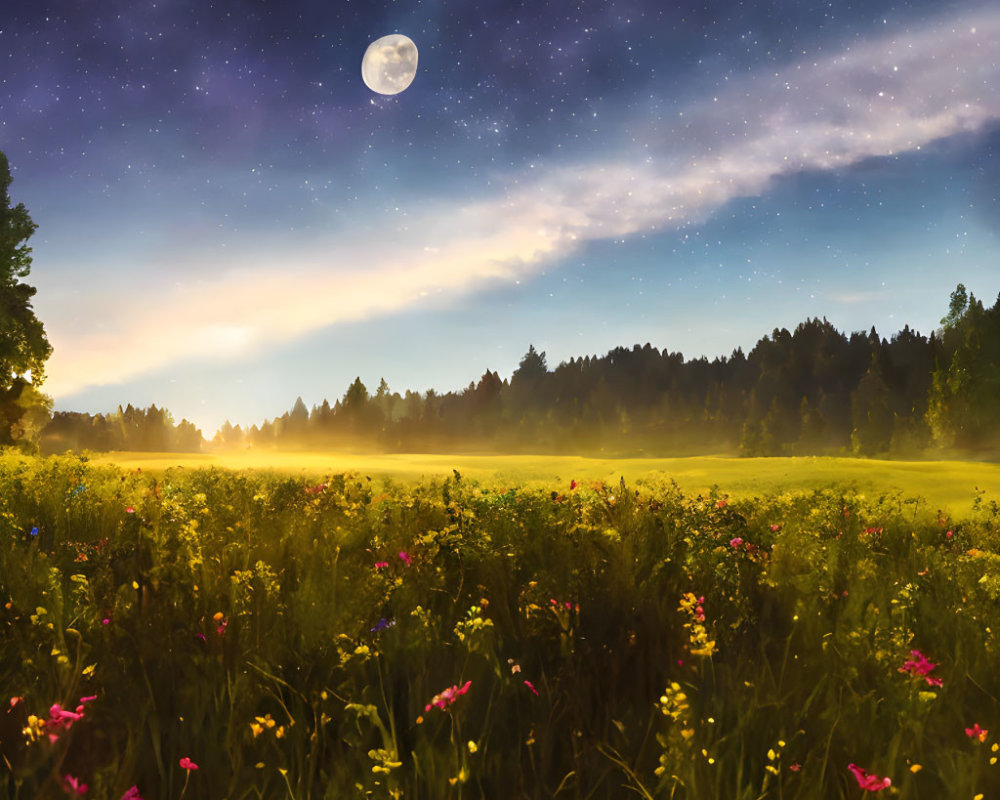 Night landscape with starry sky, moon, wildflowers field, and forest silhouette.