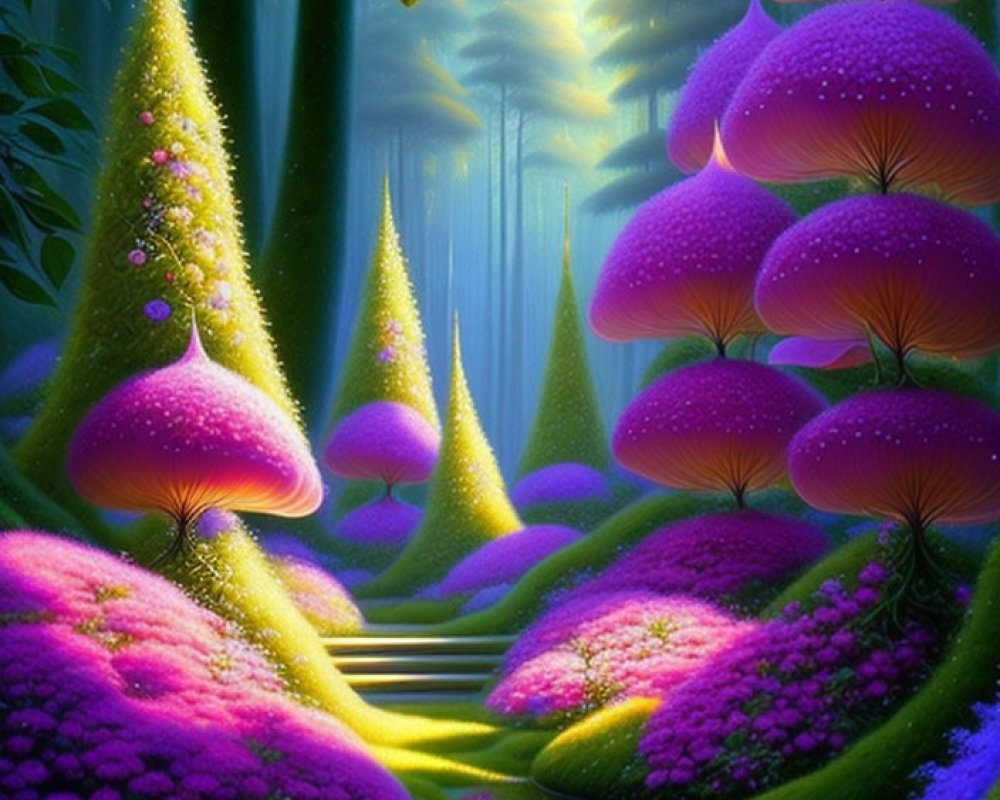 Enchanting forest with oversized pink and purple mushrooms by tranquil river