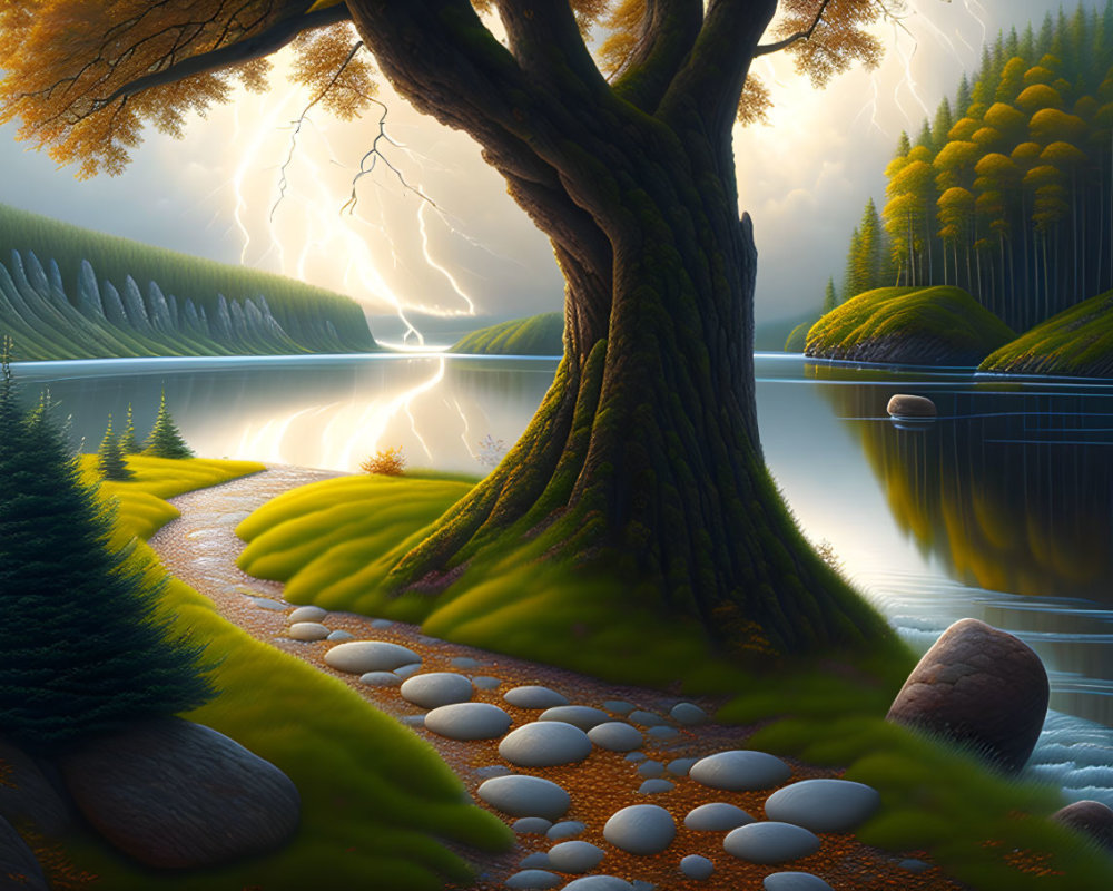 Tranquil landscape with large tree, lightning bolt, lake, forest, and sunset