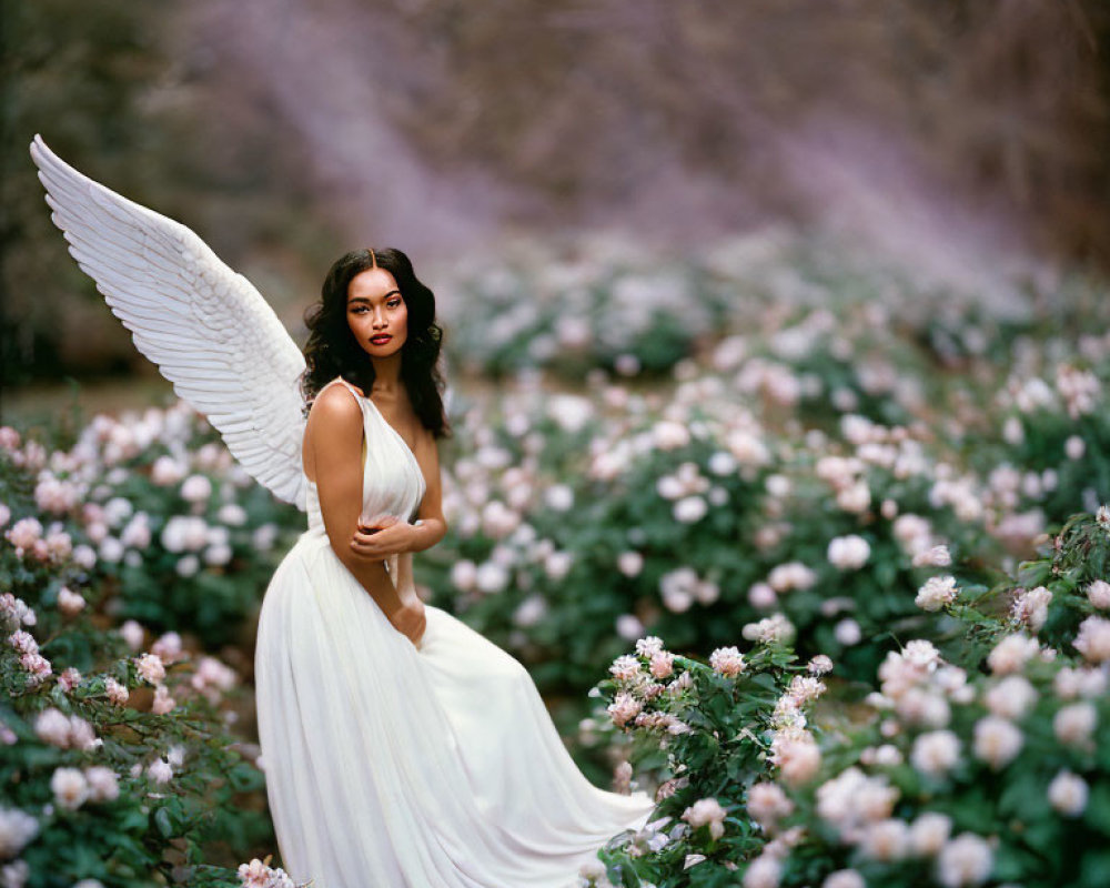 Angel-winged woman in white dress surrounded by pink and white flowers in mystical garden.