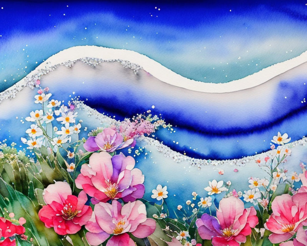 Colorful Watercolor Painting: Pink Blossoms with Blue and White Background