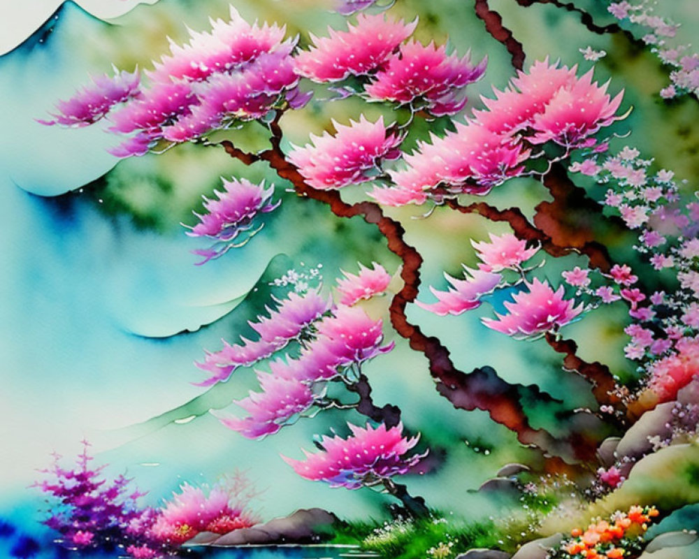 Colorful watercolor painting of blossoming tree, misty mountain, and tranquil stream.