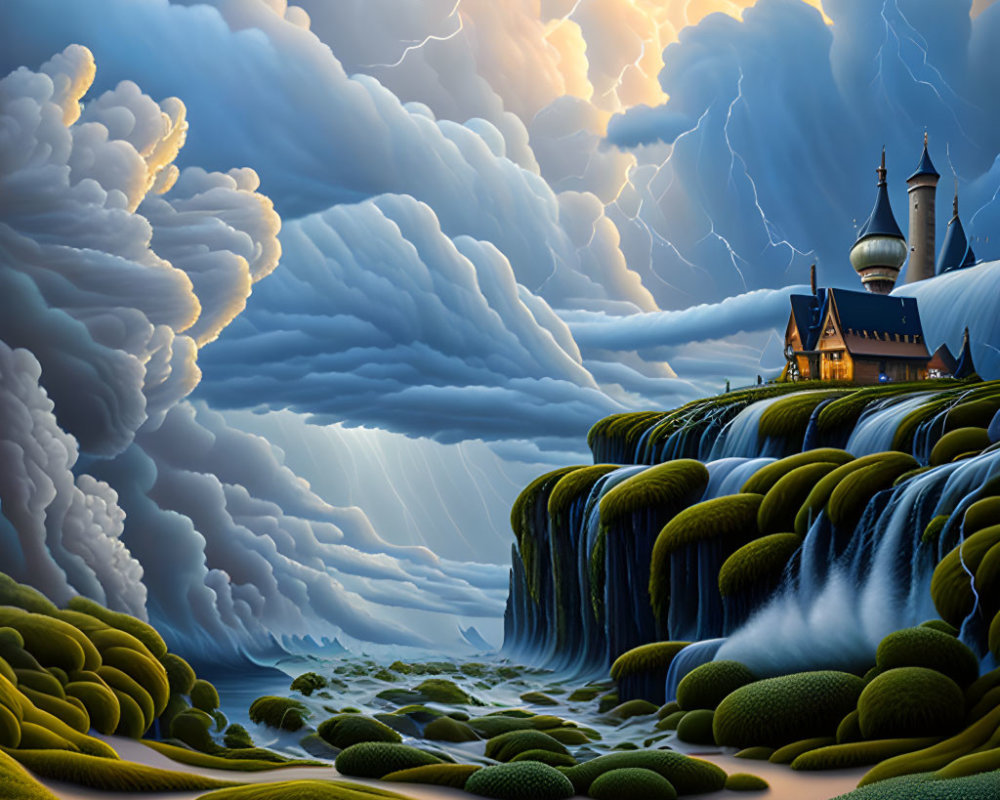 Surreal landscape featuring castle, waterfalls, mossy stones, lightning, and dramatic sky