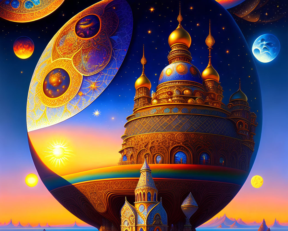 Fantasy landscape with golden palace, rainbow bridge, celestial bodies