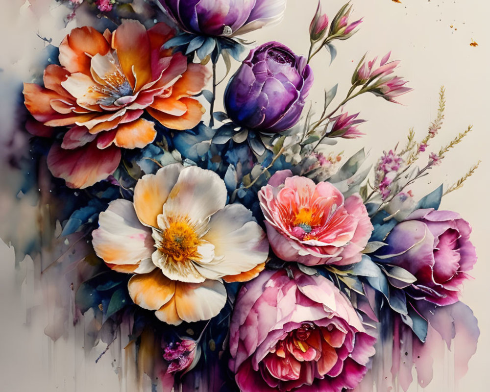 Colorful Watercolor Painting of Assorted Flowers in Purple, Pink, and Orange