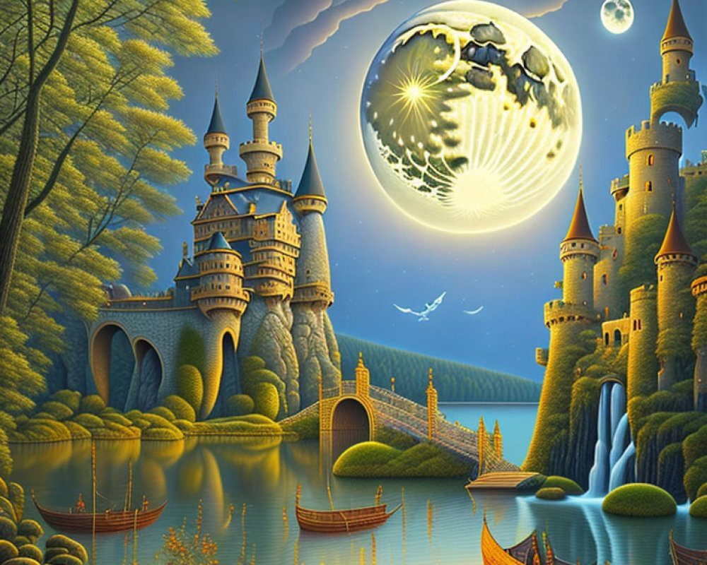 Moonlit fantasy castle beside lake with full moon and lush greenery.