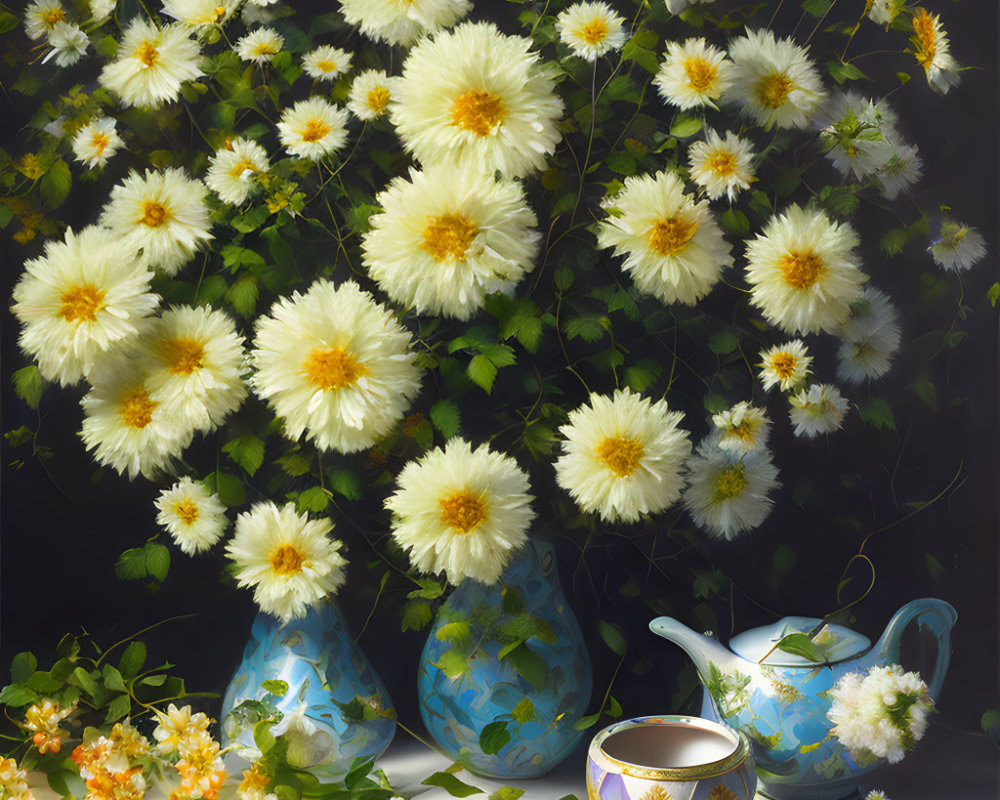 White and Yellow Flowers in Blue Vases Still Life Painting on Dark Background