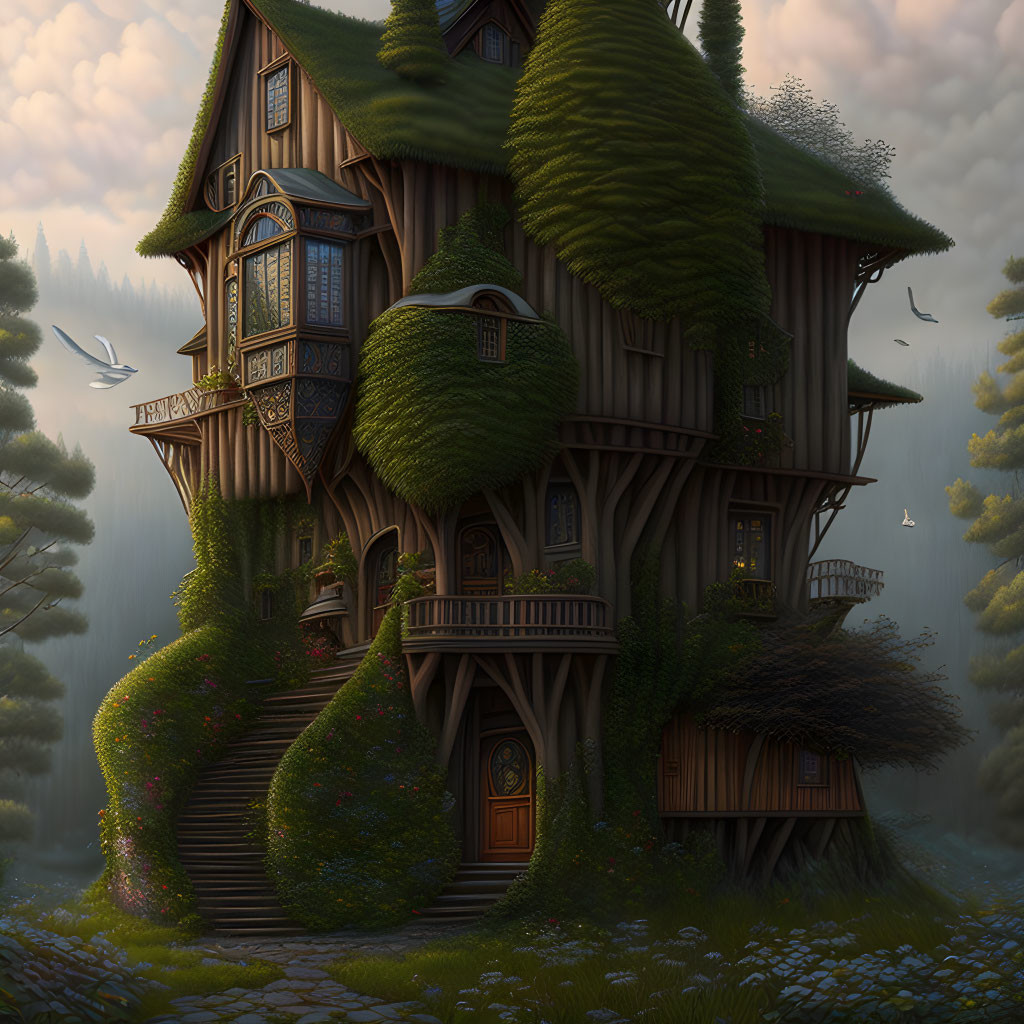 Enchanting multi-story fantasy treehouse in lush green ivy