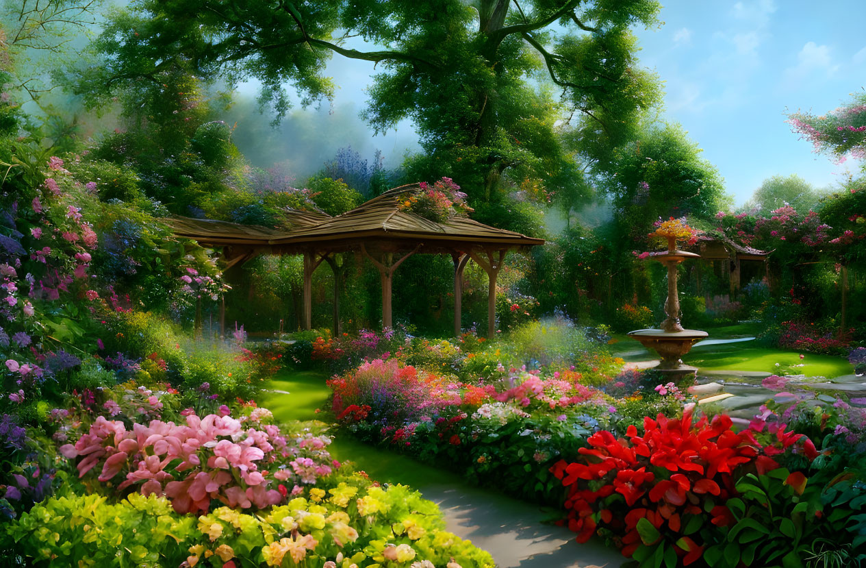 Lush garden with wooden gazebo, blooming flowers, stone path, and fountain