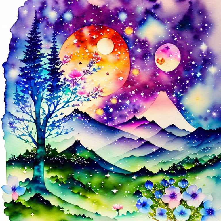 Colorful Watercolor Painting of Whimsical Landscape