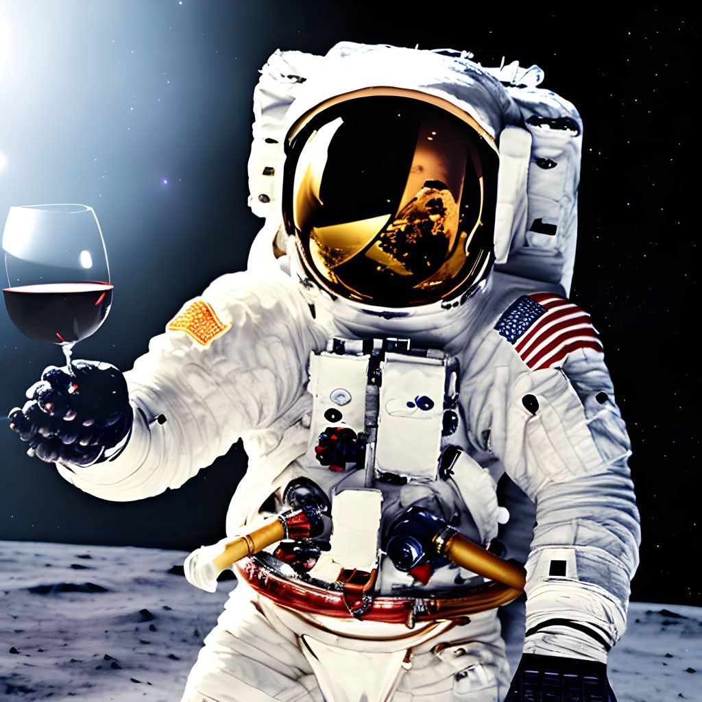 Astronaut in white space suit with American flag holding wine and grapes on lunar surface