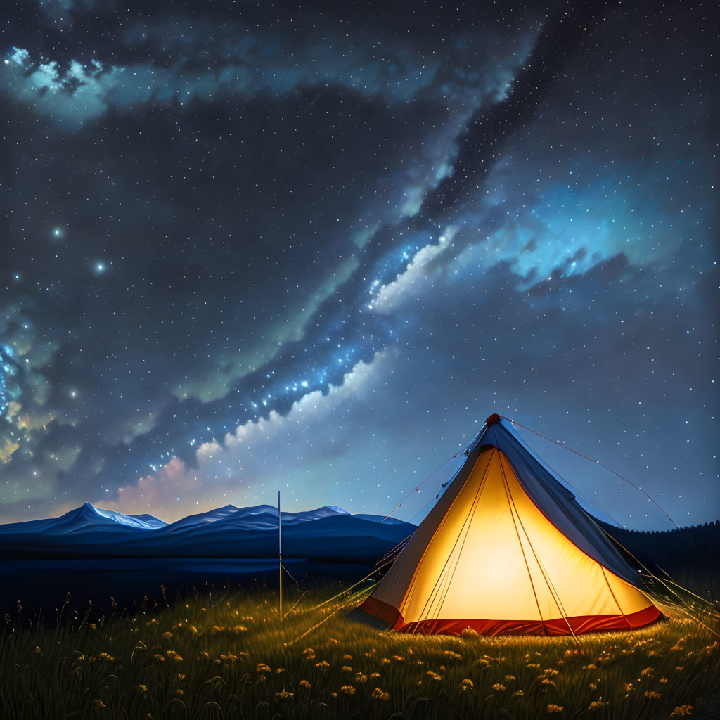 Starry sky over glowing tent in tranquil meadow