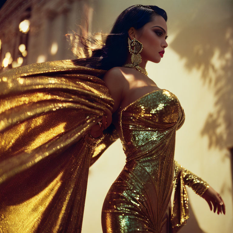 Shimmering gold dress with dramatic sleeves in elegant pose