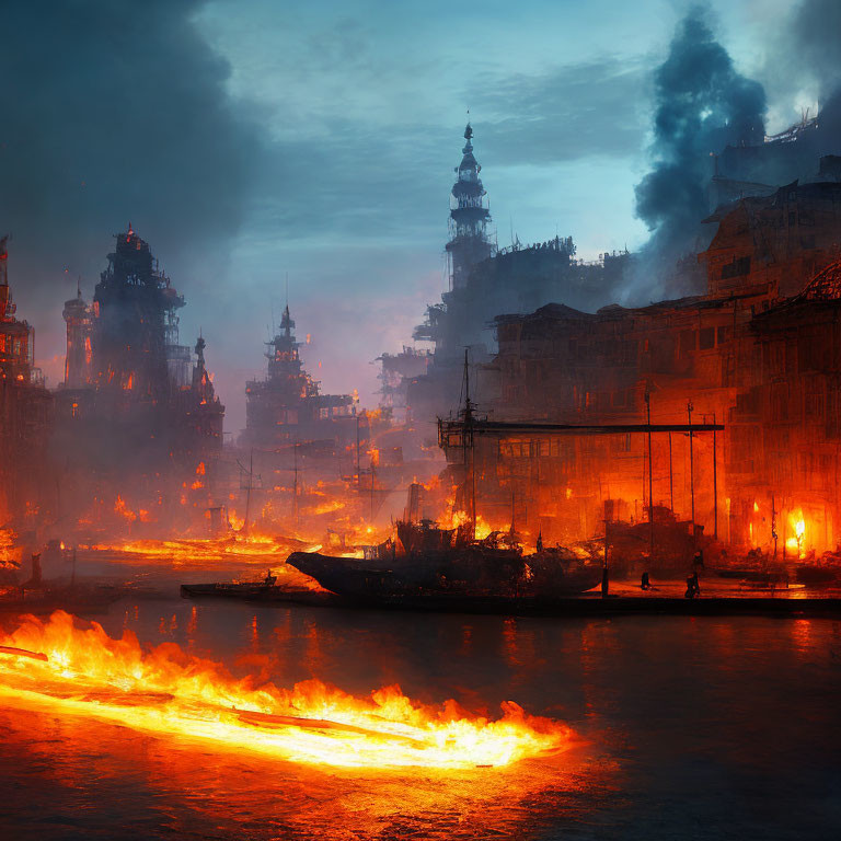 Dystopian city scene at twilight: fire-lit water, smoky skies, industrial buildings,