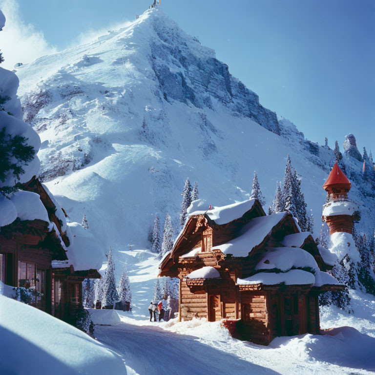 Scenic Alpine village with chalet-style buildings and mountain peak on clear day