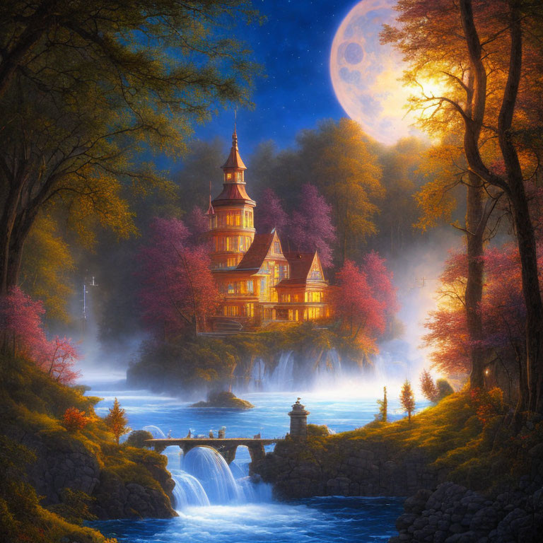 Victorian House by Waterfall in Autumn Moonlight