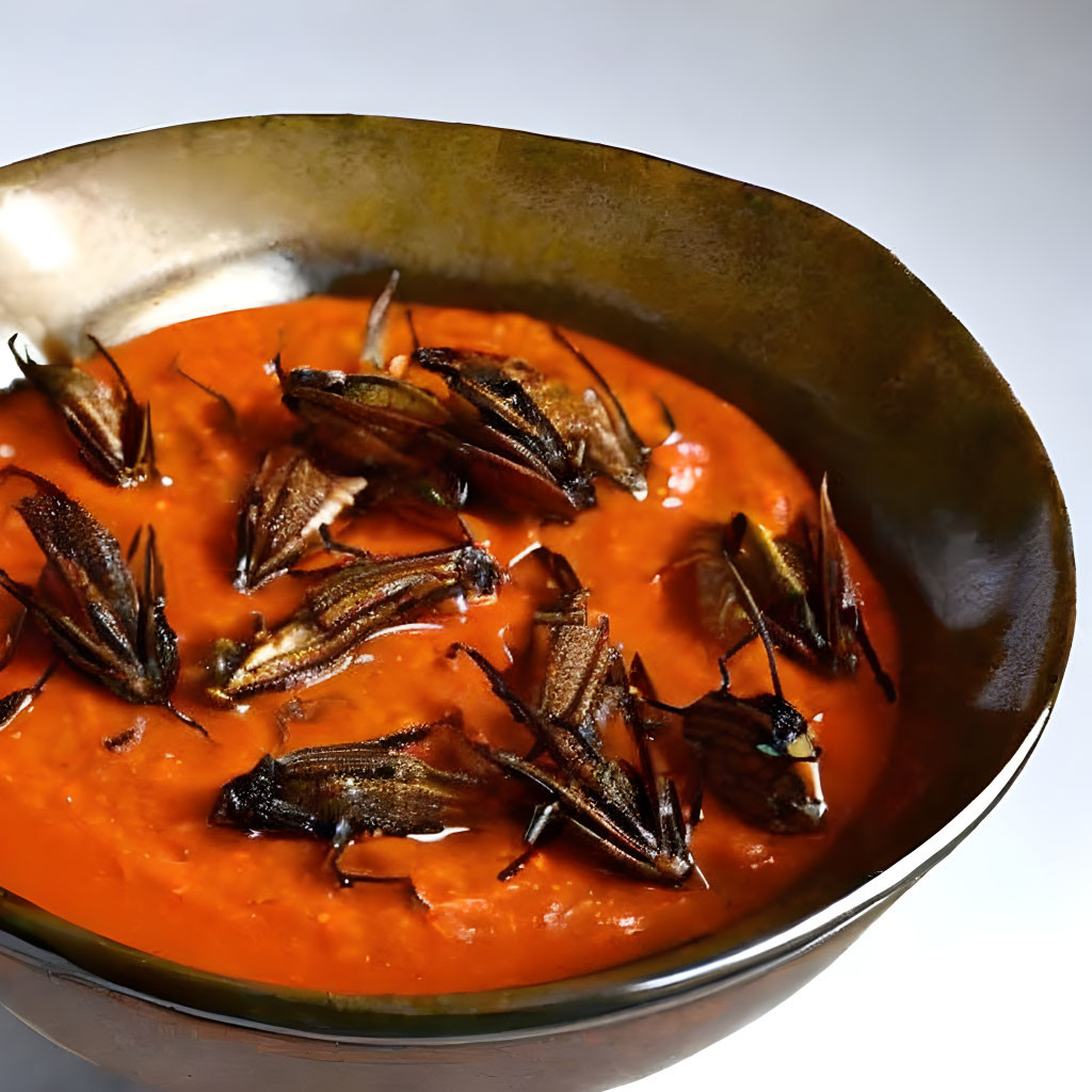 Vibrant red soup with whole okra floating on surface