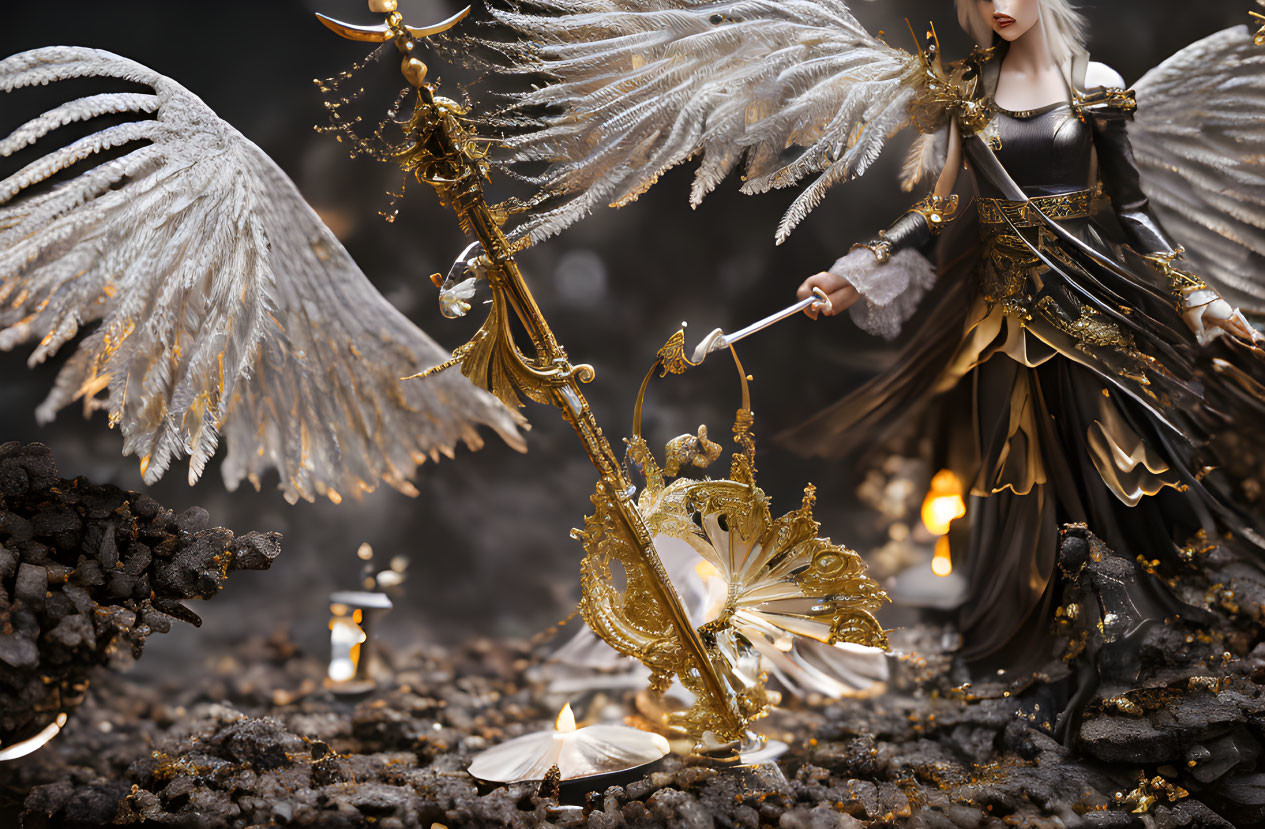 White-winged angel with golden scepter among metallic feathers on dark terrain