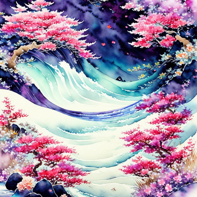 Colorful watercolor painting of wave and cherry blossoms under starry night sky